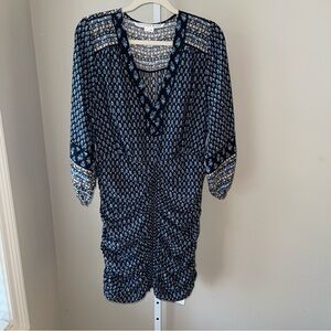 Veronica Beard Blue Floral Ruched Dress Size 10 Boho V-Neck 3/4 Sleeve Midi